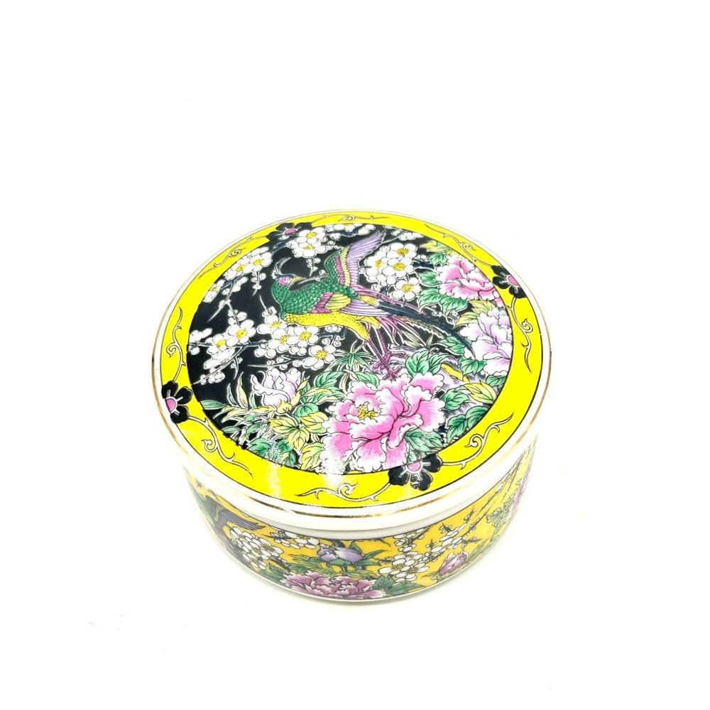 Vintage Oriental Japanese Ceramic Trinket Box Yellow Pink Flowers & Birds Design